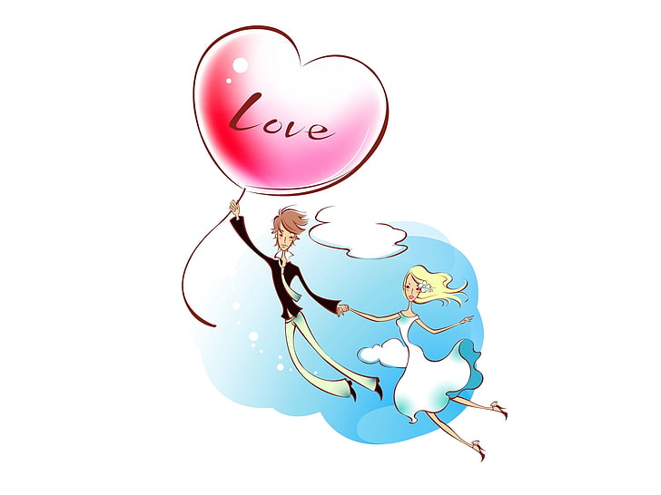 man and woman illustration, couple, art, drawing, love, flight, heart, happiness, HD wallpaper