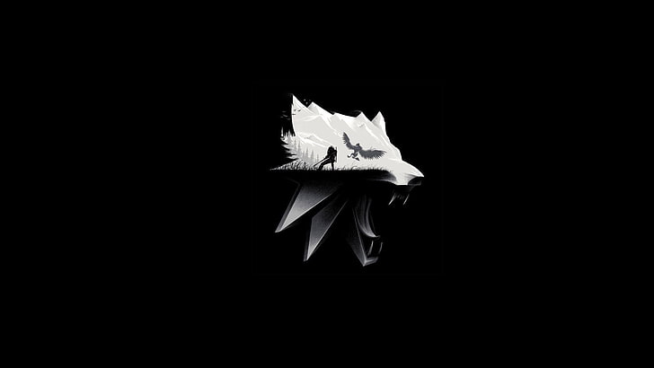 logo białego wilka, Wiedźmin, Wiedźmin 3: Dziki Gon, proste tło, monochromatyczny, zwierzęta, kły, góry, mrok, gry wideo, minimalizm, Tapety HD