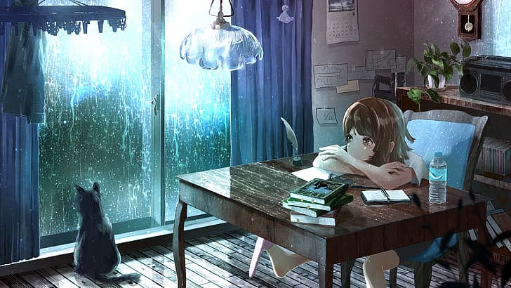 anime girls, cats, room, window, rain, original characters, wabema24, HD wallpaper