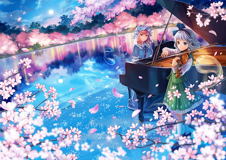 saigyouji yuyuko, konpaku youmu, touhou, piano, sakura blossom, Anime, HD wallpaper