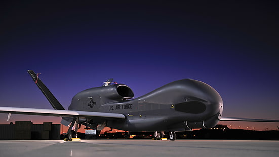photo of black transport plane, RQ-4, Global Hawk, Northrop Grumman, drone, Surveillance UAV, UAV, USA Army, U.S. Air Force, airdrome, sunset, HD wallpaper HD wallpaper