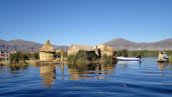 brown nipa hut, lake titicaca, boat, grass, sky, HD wallpaper