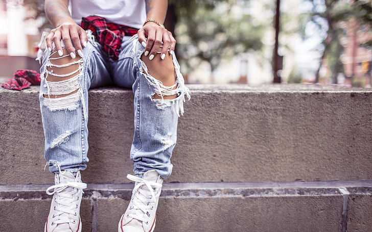 celana jeans, pakaian robek, sepatu, model, Wallpaper HD