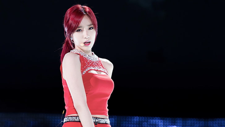 czerwono-biała sukienka damska, K-pop, T-ara, Eunjung, Azjatka, ruda, piosenkarka, bluzka na ramiączkach, Tapety HD