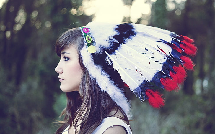 brunette, headdress, feathers, profile, model, women, face, indian hat, HD wallpaper