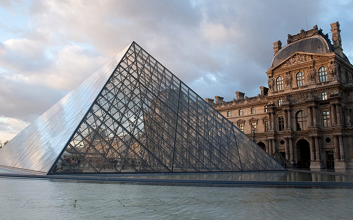 bangunan coklat, louvre, paris, france, piramida, kaca, museum, area, Wallpaper HD