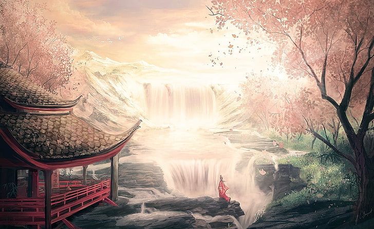 рисуване на водопади, японска градина, Япония, вода, черешови дървета, фентъзи изкуство, дървета, HD тапет