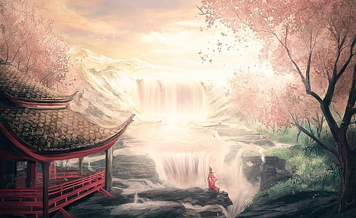 pintura de cascadas, jardín japonés, Japón, agua, cerezos, arte de fantasía, árboles, Fondo de pantalla HD HD wallpaper
