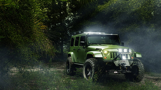 Jeep Wrangler verde ilimitado en hierba verde entre árboles, Jeep, árboles, paisaje, todoterreno, faro LED, Fondo de pantalla HD HD wallpaper