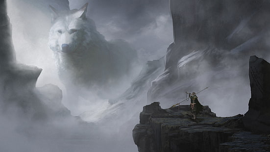 ilustração, lobo, gigante, guerreiro, montanhas, arte fantasia, HD papel de parede HD wallpaper