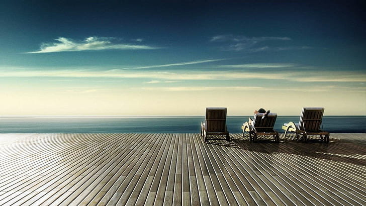 Stunning View from the Deck HD, chairs, clouds, deck, sea, sun, view, wood, HD wallpaper