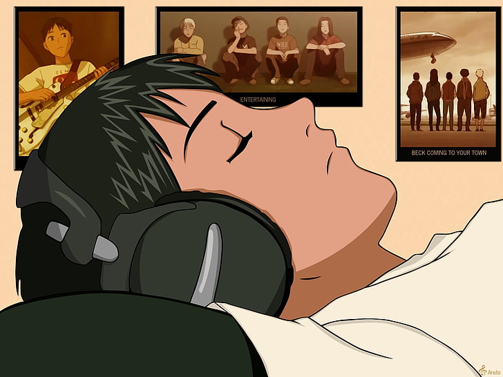 pria berbaring di tempat tidur sambil mengenakan ilustrasi headphone, beck, tanaka yukio, rekreasi, headphone, gambar, Wallpaper HD