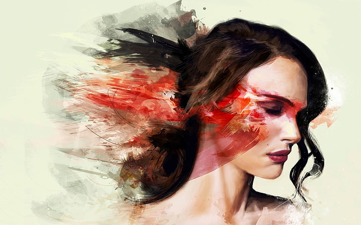 women's black hair, woman's face painting, abstract, painting, Black Swan, face, white  background, Natalie Portman, women, closed eyes, HD wallpaper