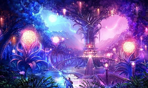 multicolored forest painting, landscape, night, bridge, the city, lights, tree, magic, the moon, sword, warrior, sphere, tera online, HD wallpaper HD wallpaper
