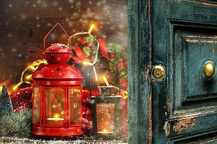 decoration, New Year, Christmas, lantern, wood, xmas, Merry, fir tree, fir-tree branches, HD wallpaper