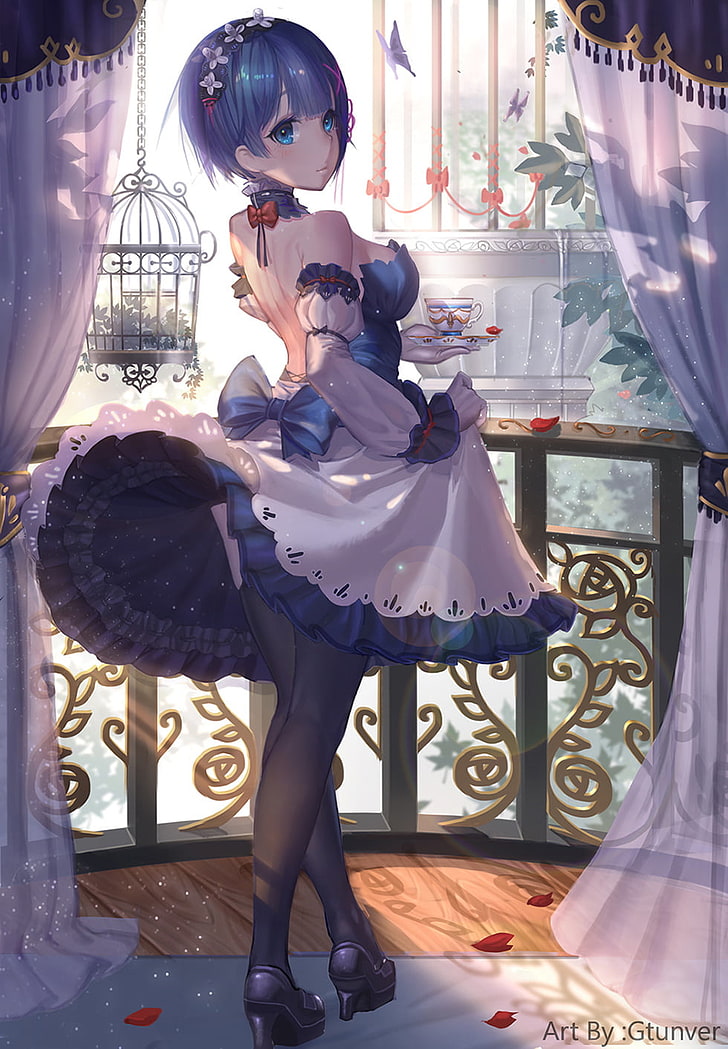 blue-haired female maid character illustration, anime, anime girls, Rem (Re: Zero), Re:Zero Kara Hajimeru Isekai Seikatsu, dress, stockings, gtunver, HD wallpaper