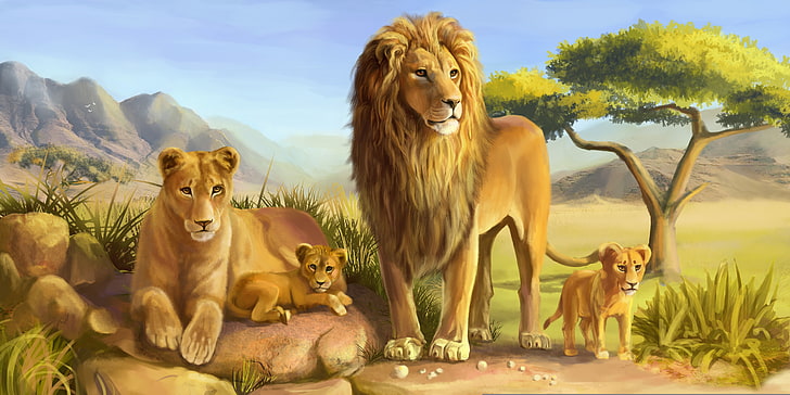 lion family illustration, cats, stones, tree, predators, Leo, family, art, Savannah, lions, lioness, cub, lion, wild, HD wallpaper