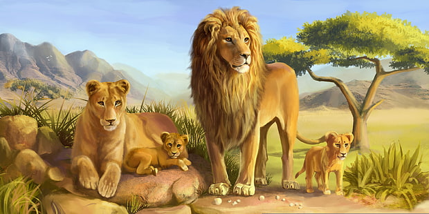 lion family illustration, cats, stones, tree, predators, Leo, family, art, Savannah, lions, lioness, cub, lion, wild, HD wallpaper HD wallpaper
