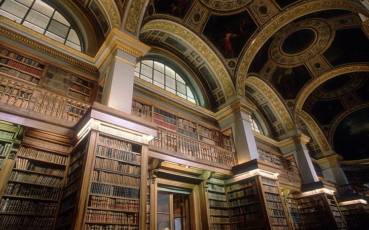 茶色の木製本棚、本、図書館、棚、アーチ、インテリア、柱、パリ、フランス、ヴィンテージ、古い、 HDデスクトップの壁紙