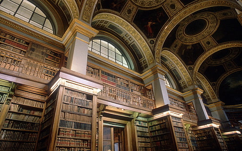 brown wooden bookshelf, books, library, shelves, arch, interior, pillar, Paris, France, vintage, old, HD wallpaper HD wallpaper