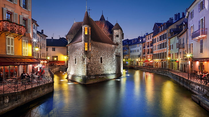 canal, night, evening, palais de lisle, courthouse, annecy, france, europe, canal du thiou, HD wallpaper