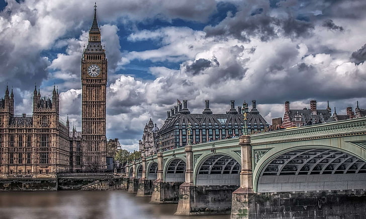architecture, big ben, bridge, buildings, city, clouds, england, landmark, london, river, thames, tower, urban, water, HD wallpaper