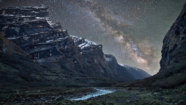 Via Láctea, espaço, natureza, montanhas, HD papel de parede