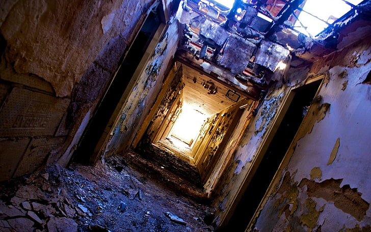 dirt, ruin, halls, heater, light at the end of the tunnel, fallen roof, doors, peeling walls, HD wallpaper