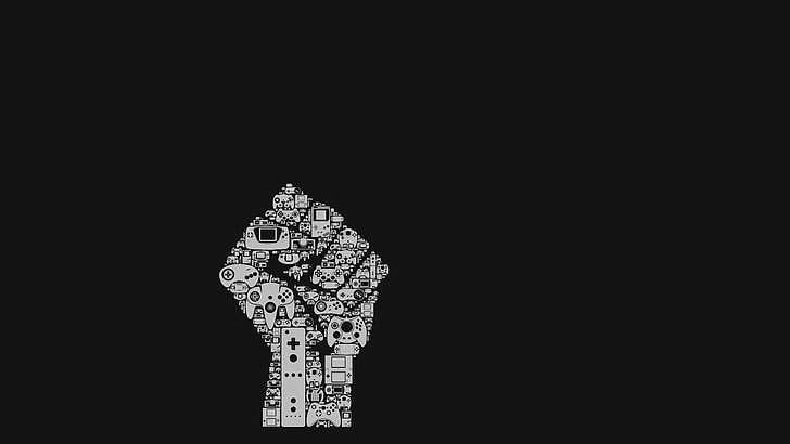 black and white gaming devices fist artwork, video games, minimalism, fists, simple background, mosaic, HD wallpaper