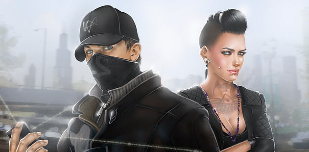 man and woman game character digital wallpaper, aiden pearce, chicago, watch dogs, ubisoft montreal, art, clara lille, mask, cap, drawing, HD wallpaper HD wallpaper