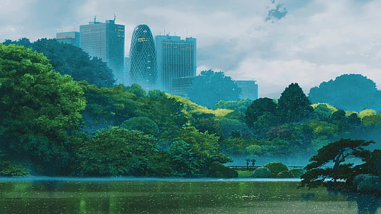 الأشجار المورقة الخضراء ، العمل الفني ، حديقة الكلمات ، منظر المدينة ، الأشجار ، الماء، خلفية HD HD wallpaper