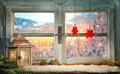 gray wooden clear glass window, winter, glass, branches, fire, holiday, patterns, toys, candle, window, frost, lantern, New year, stars, Christmas, HD wallpaper HD wallpaper