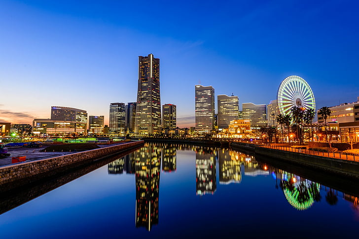 Cities, Yokohama, Building, City, Ferris Wheel, Japan, Light, Reflection, Skyscraper, HD wallpaper