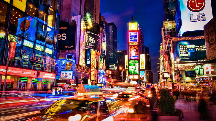 Times Square, luzes da cidade, fotografia, exposição longa, luzes de néon, tarde, luzes da rua, Midtown Manhattan, fotografia de longa exposição, EUA, Estados Unidos, nova york, cidade de nova york, manhattan, vista da rua, trilhas leves, tráfego, sinalização eletrônicasinal de néon, rua, centro da cidade, néon, noite, iluminação pública, paisagem urbana, cidade, metrópole, táxi, HD papel de parede
