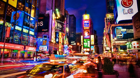 Times Square, światła miasta, fotografia, długa ekspozycja, światła neonowe, wieczór, światła uliczne, midtown manhattan, fotografia z długim czasem naświetlania, USA, Stany Zjednoczone, Nowy Jork, Nowy Jork, Manhattan, widok ulicy, lekkie ślady, ruch uliczny, oznakowanie elektroniczne , neon, ulica, centrum miasta, neon, noc, latarnia uliczna, pejzaż miejski, miasto, metropolia, taksówka, Tapety HD HD wallpaper