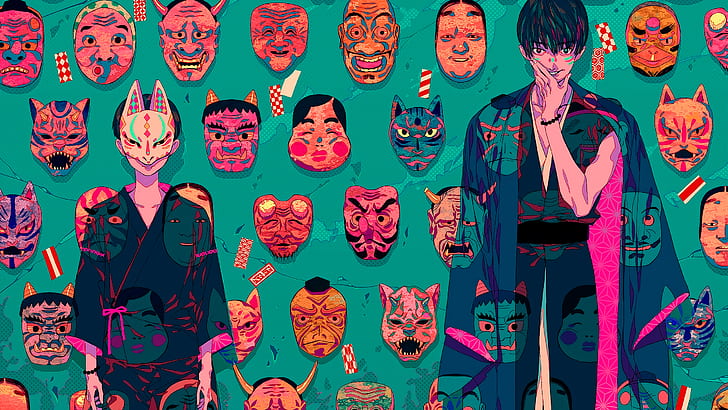 Akiakane, máscara oni, Japón, samurai, fondo verde, Fondo de pantalla HD