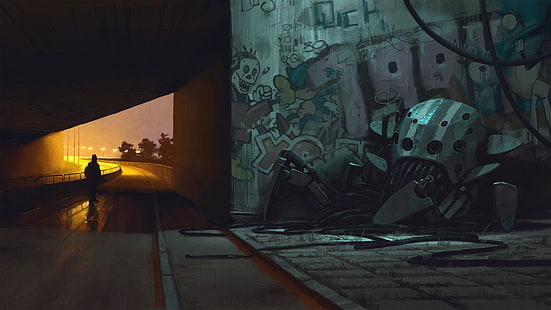 ściana z graffiti, cyberpunk, futurystyczny, science fiction, Simon Stålenhag, Tapety HD HD wallpaper