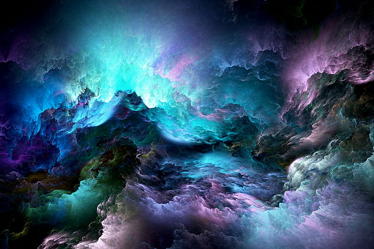 Abstract, Clouds, Fractal, purple and teal nebula, abstract, clouds, fractal, HD wallpaper