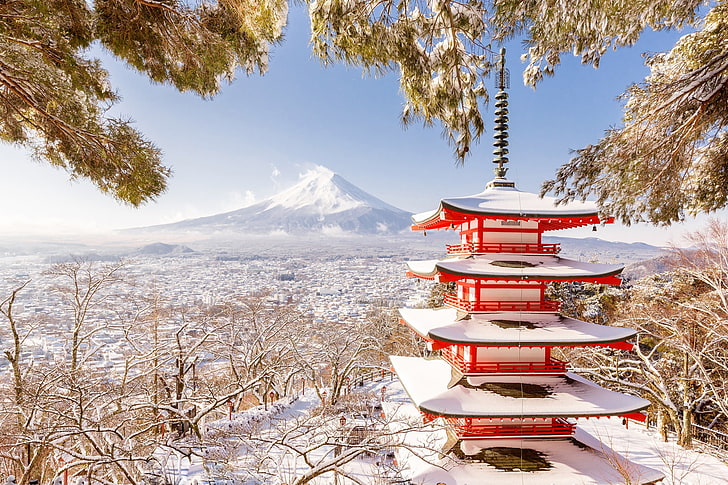 musim dingin, gunung, Jepang, pagoda, Fuji, Wallpaper HD