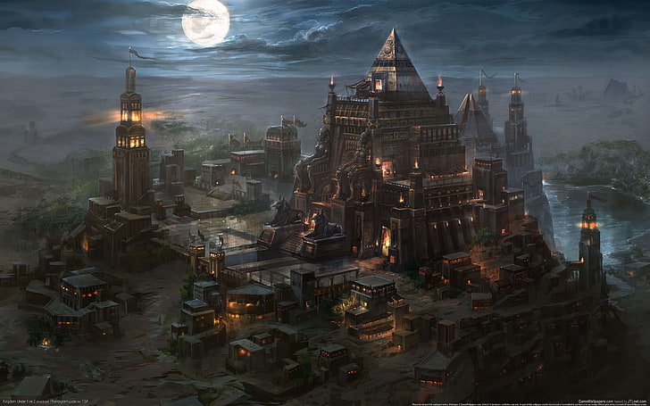 пирамида верха здания цифровые обои, ночь, город, луна, пустыня, маяк, арт, пирамида, мавзолей, королевство под огнем, HD обои