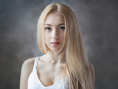 женщины, лицо, простой фон, портрет, блондинка, смотрит на зрителя, ожерелье, модель, HD обои HD wallpaper