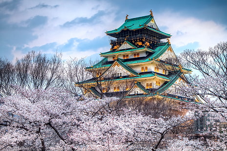 casa de la pagoda verde azulado y blanco, ciudad, japón, templo, cielo, primavera, cereza, color, Fondo de pantalla HD HD wallpaper