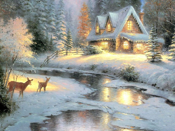 art Boże Narodzenie thomas-kinkade-deer-creek-cottage Abstrakcja Inne HD Sztuka, sztuka, malarstwo, Boże Narodzenie, śnieg, domek, Thomas Kinkade, Tapety HD