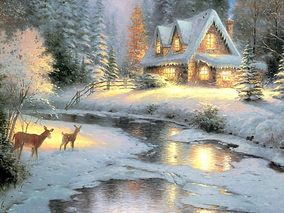 art Boże Narodzenie thomas-kinkade-deer-creek-cottage Abstrakcja Inne HD Sztuka, sztuka, malarstwo, Boże Narodzenie, śnieg, domek, Thomas Kinkade, Tapety HD HD wallpaper