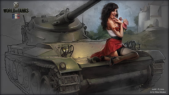 Wallpaper World of Tanks permainan digital, gadis, tank, tank, WoT, World of Tanks, Wargaming.Net, BigWorld, AMX 13 75, Nikita Bolyakov, Wallpaper HD HD wallpaper