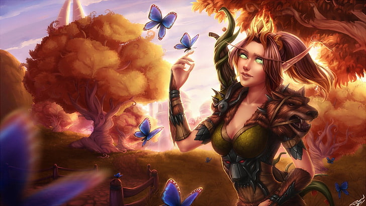 elfo na arte da floresta, elfos sanguíneos, borboleta, arte de fantasia, World of Warcraft, HD papel de parede