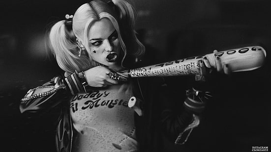 Papel de parede de Harley Quinn, Esquadrão Suicida, Harley Quinn, Margot Robbie, monocromático, HD papel de parede HD wallpaper