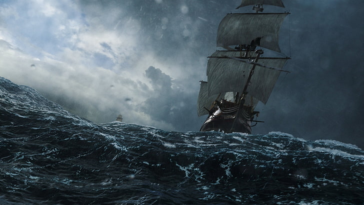 قارب جاليون ، بحر ، سفينة ، سفينة شراعية ، سماء ، عاصفة ، أشرعة سوداء، خلفية HD