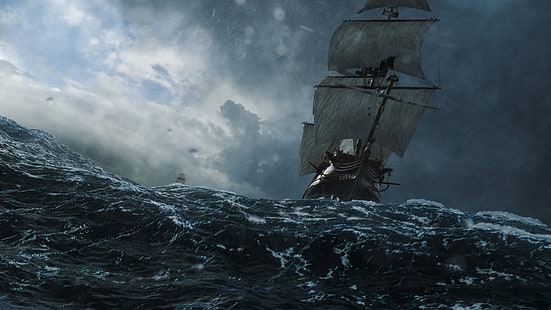 갤리온 선 보트, 바다, 배, 범선, 하늘, 폭풍, 검은 돛, HD 배경 화면 HD wallpaper