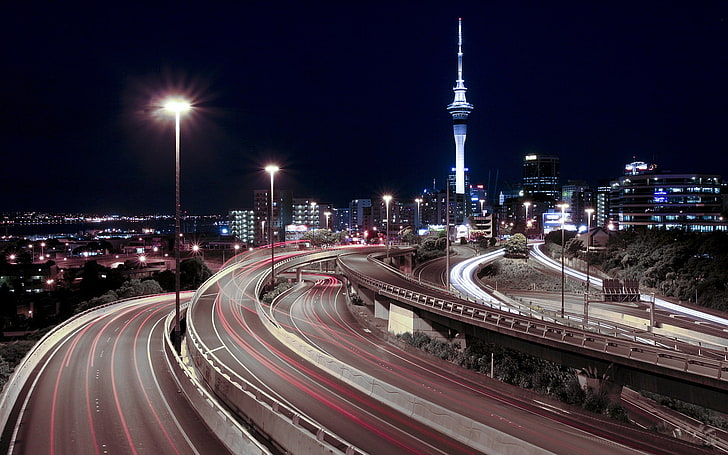 city, light trails, road, New Zealand, Auckland, England, HD wallpaper